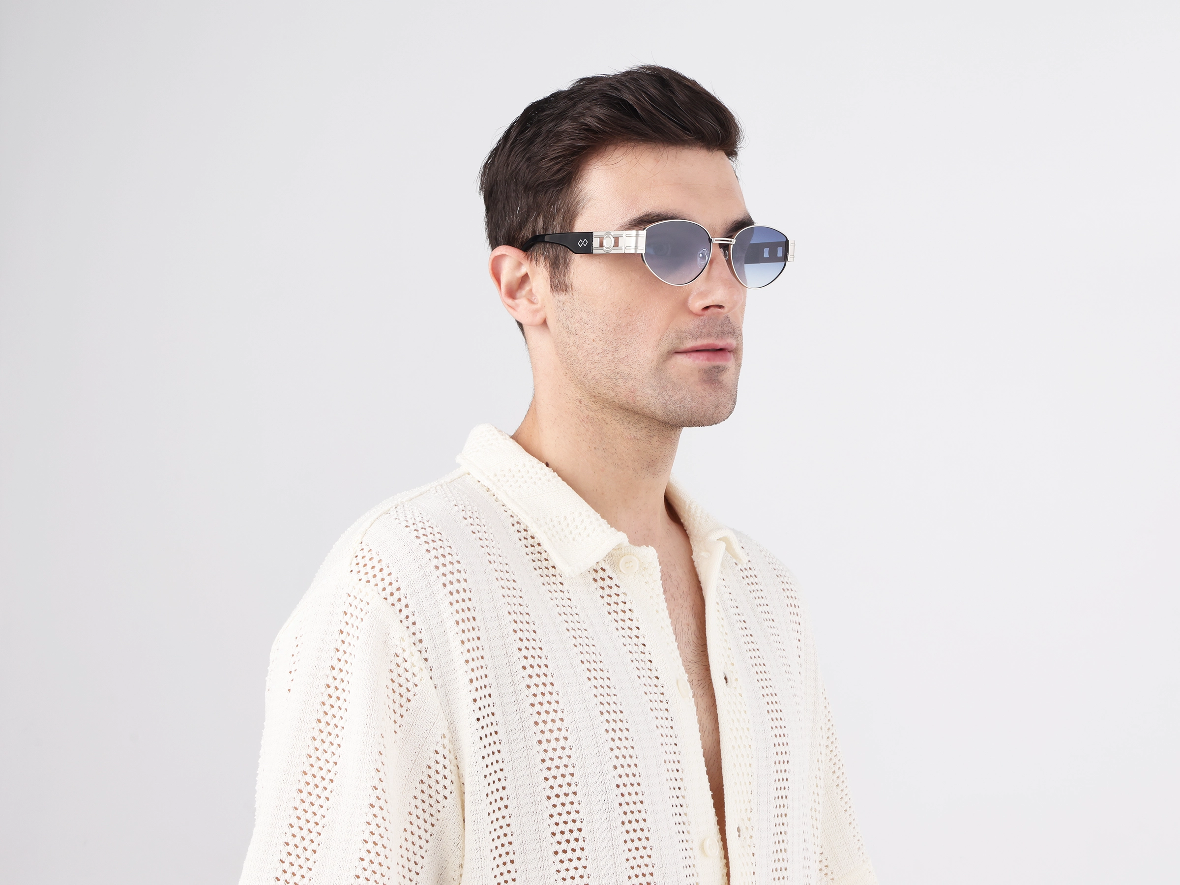 Silver Metal Frame Oval Sunglasses With Blue Tint 2