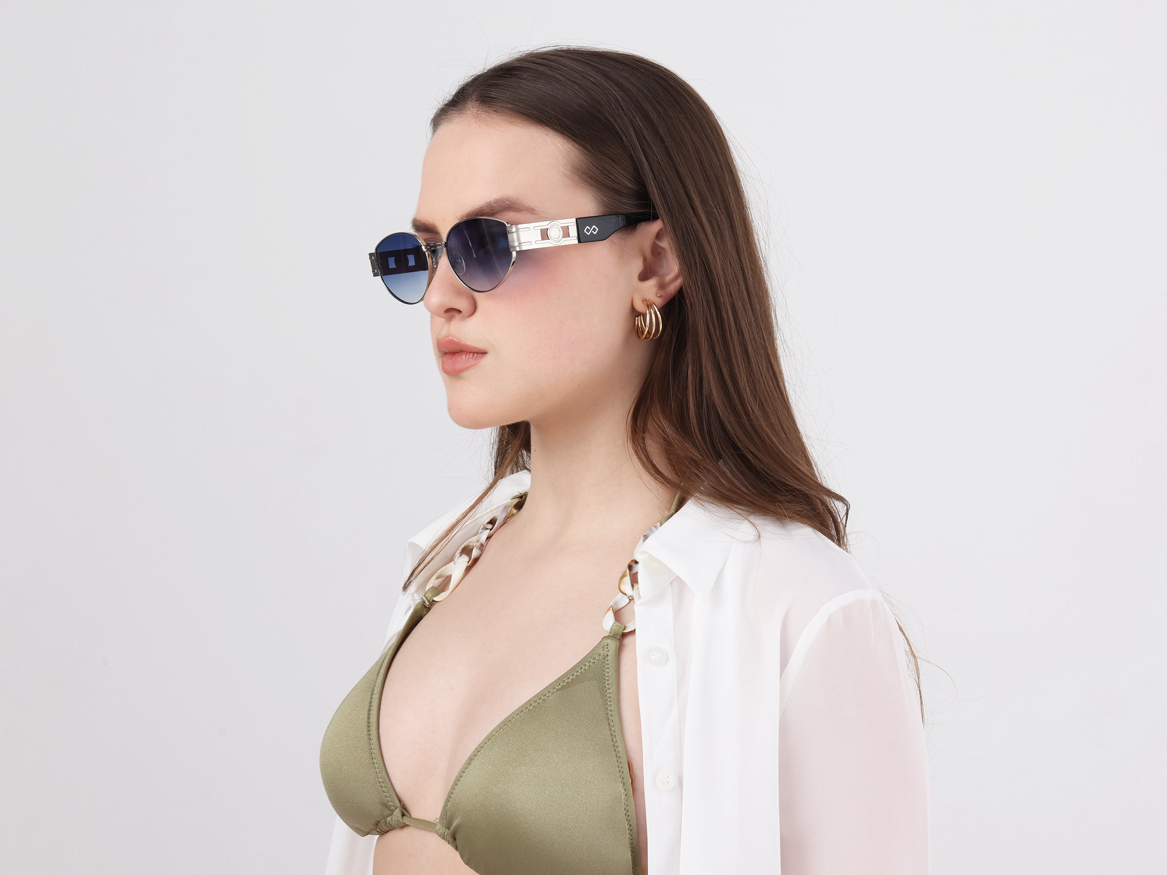 Silver Metal Frame Oval Sunglasses With Blue Tint 12