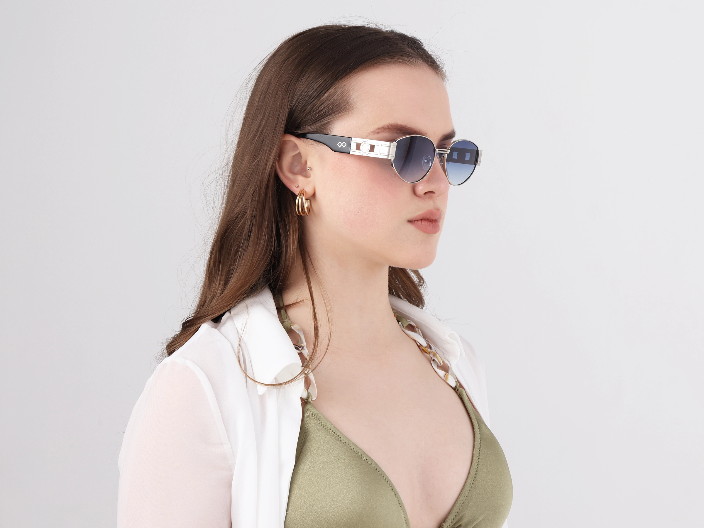 Silver Metal Frame Oval Sunglasses With Blue Tint 13