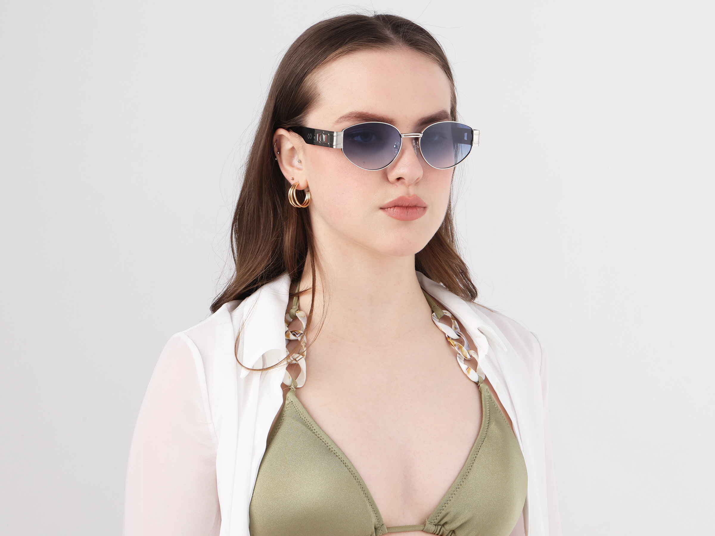 Silver Metal Frame Oval Sunglasses With Blue Tint 11