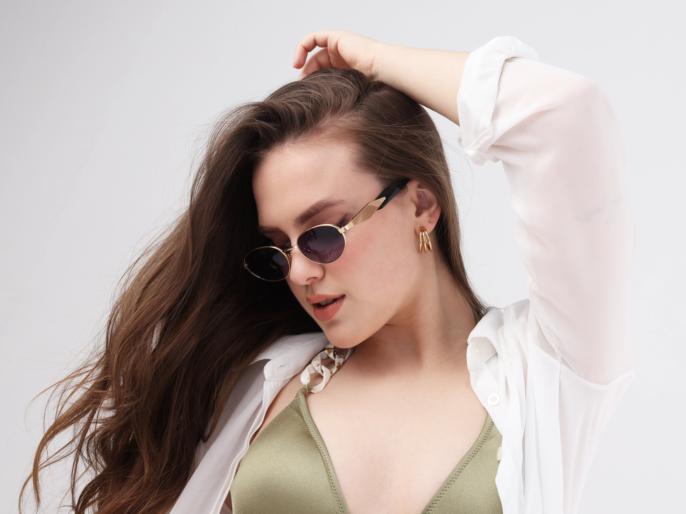 Oval Rimless Sunglasses With Brown Tint