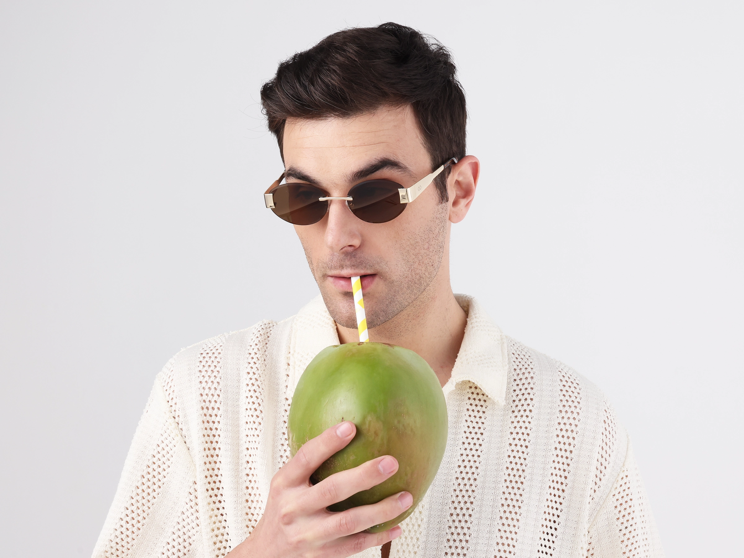 Oval Rimless Sunglasses With Brown Tint