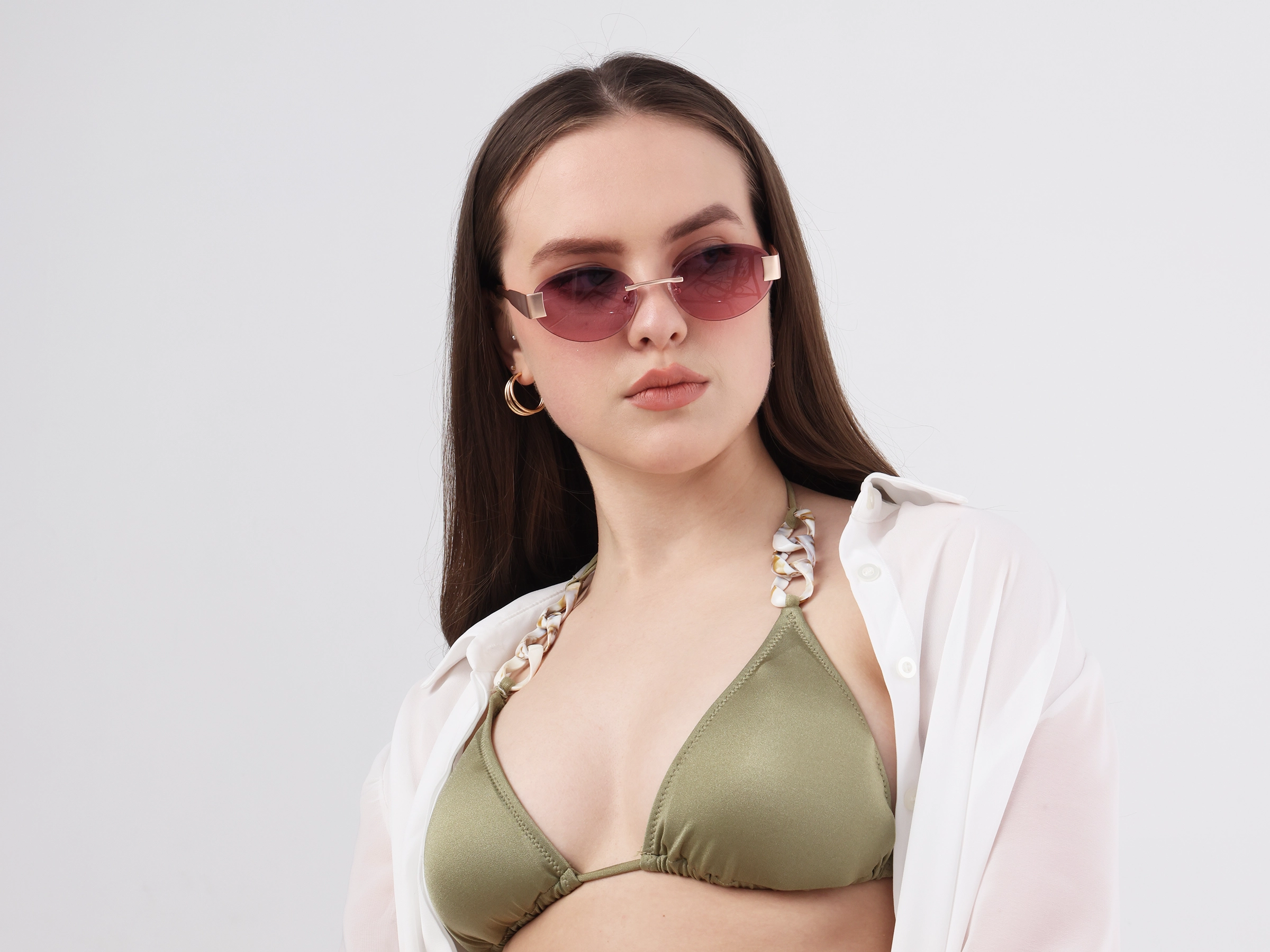 Pink Tint Oval Rimless Sunglasses