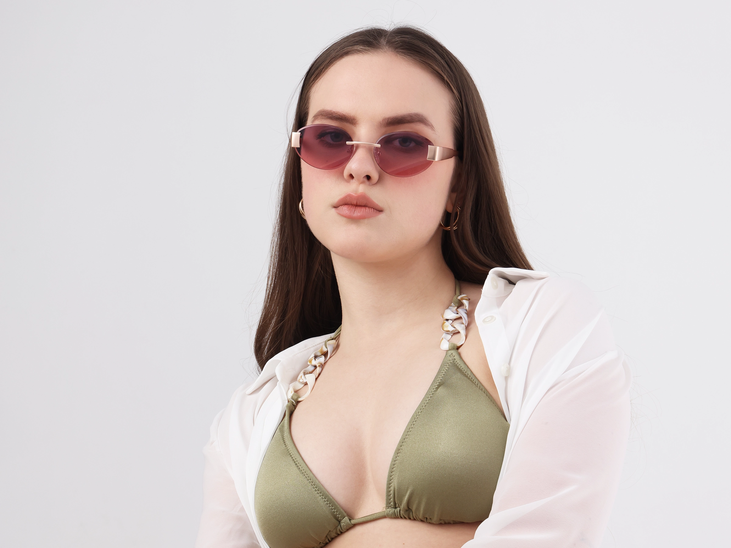 Pink Tint Oval Rimless Sunglasses