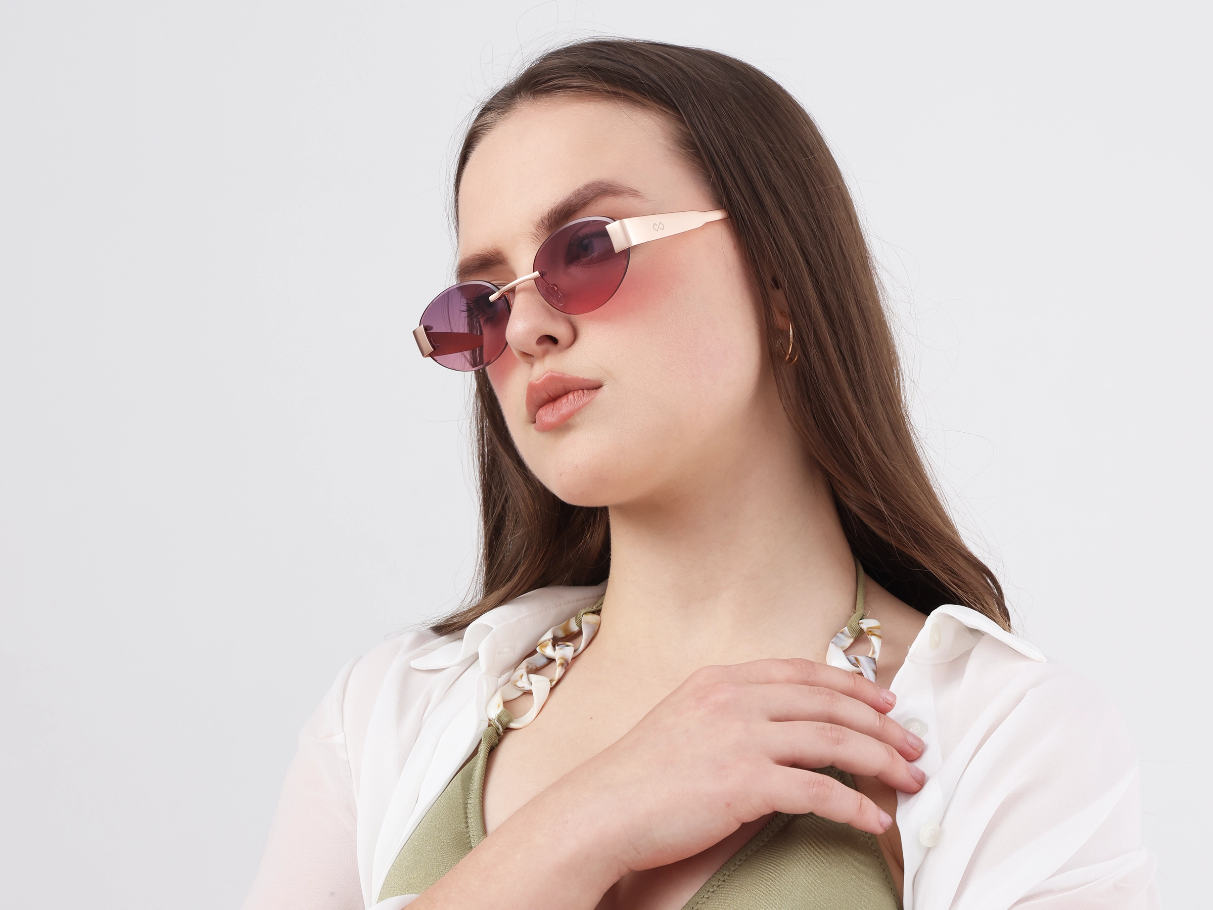 Pink Tint Oval Rimless Sunglasses