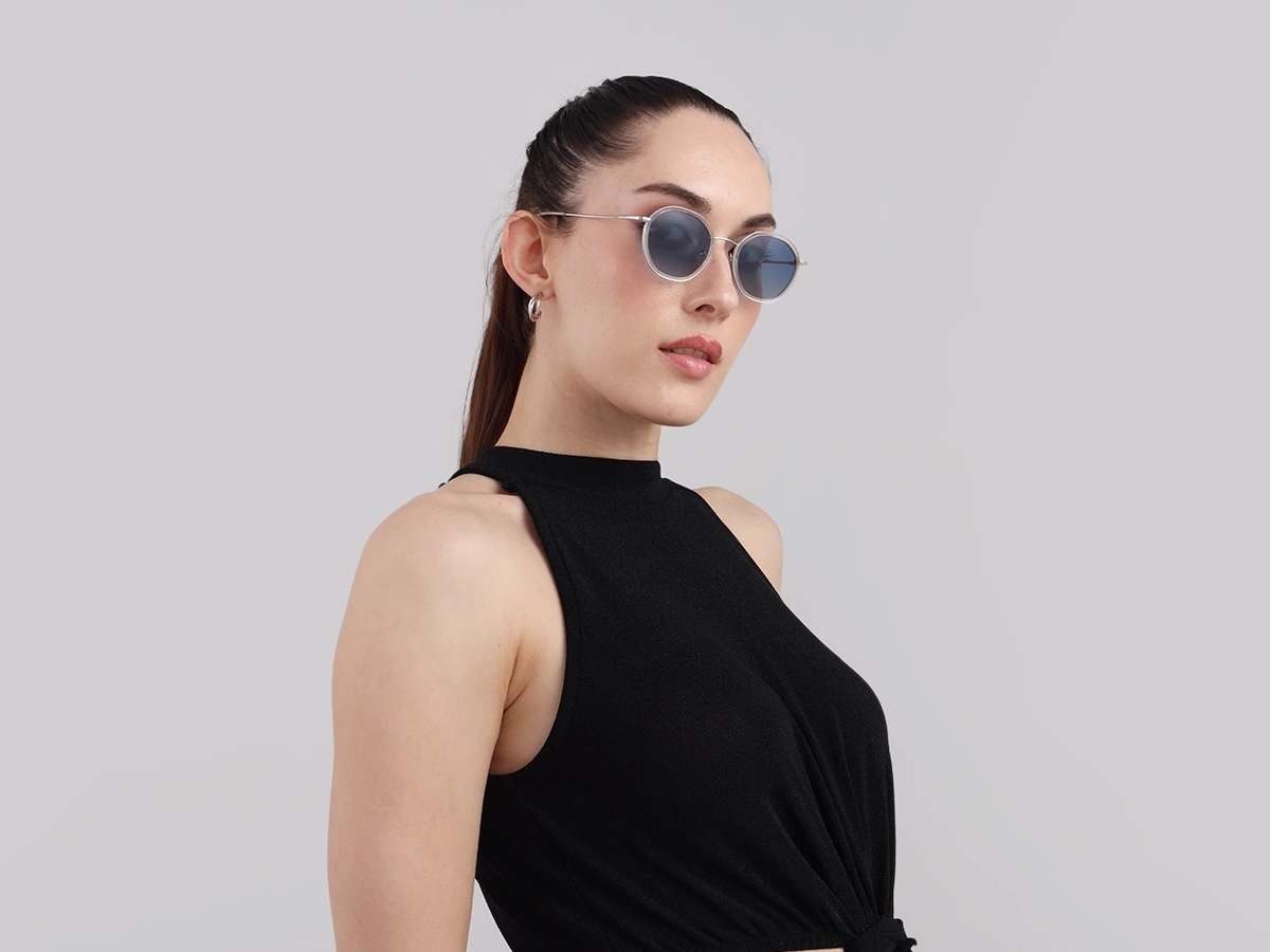 Crystal Clear & Silver Round Sunglasses | Specscart-52