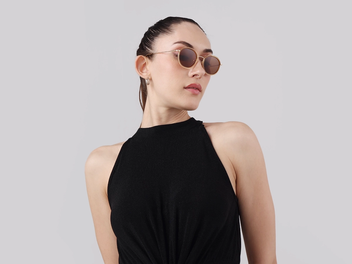 Crystal Champagne Gold Round Sunglasses | Specscart-53