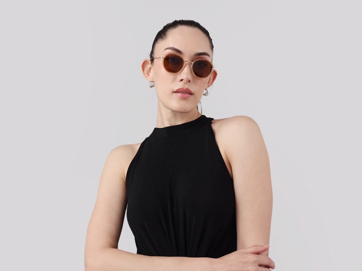 Crystal Champagne Gold Round Sunglasses | Specscart-51