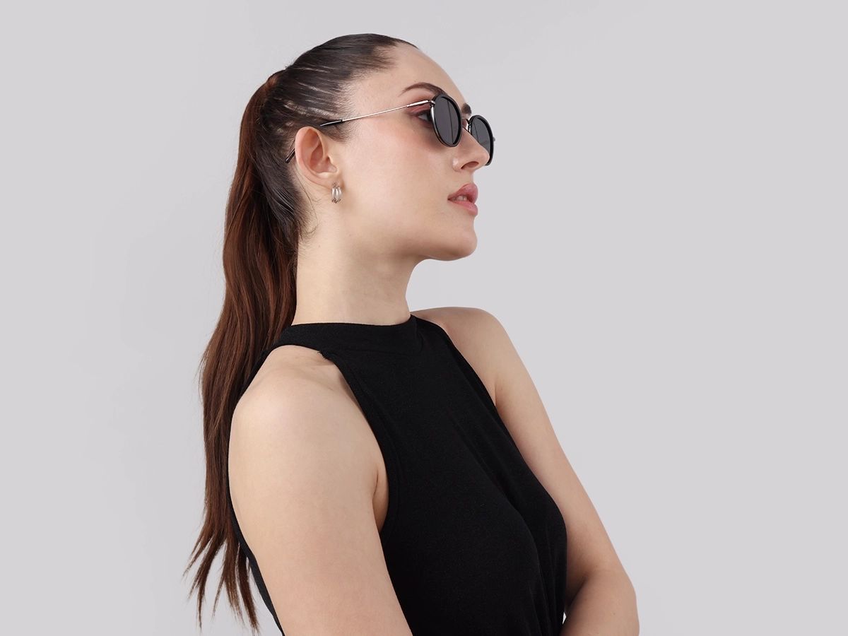 Black & Gunmetal Round Sunglasses | Specscart-52
