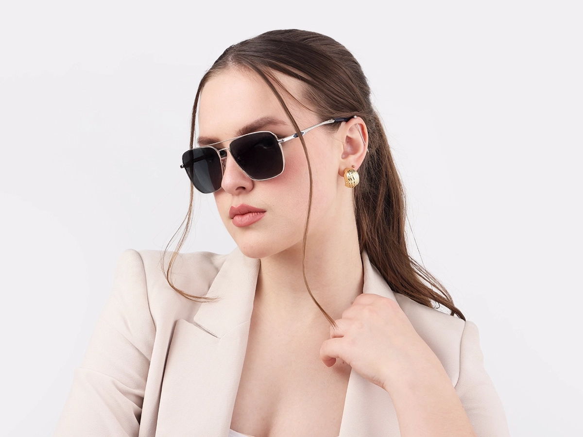 Silver Metal Double Bridge Pilot Sunglasses 52