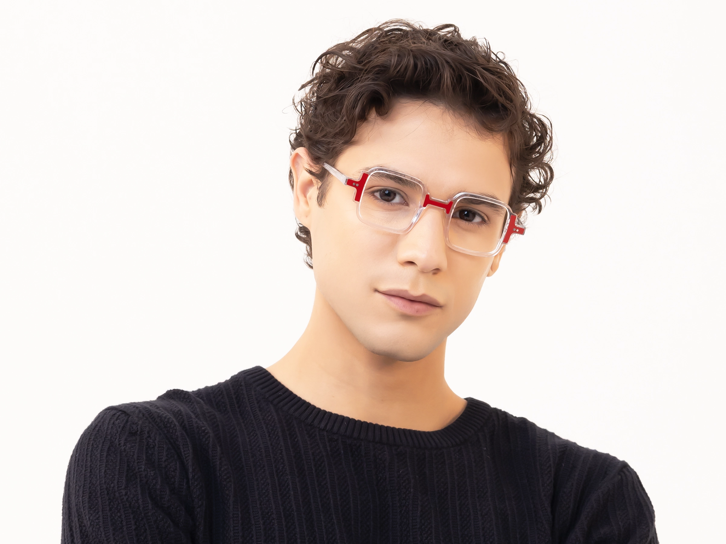 Clear & Red Square Acetate Glasses-42