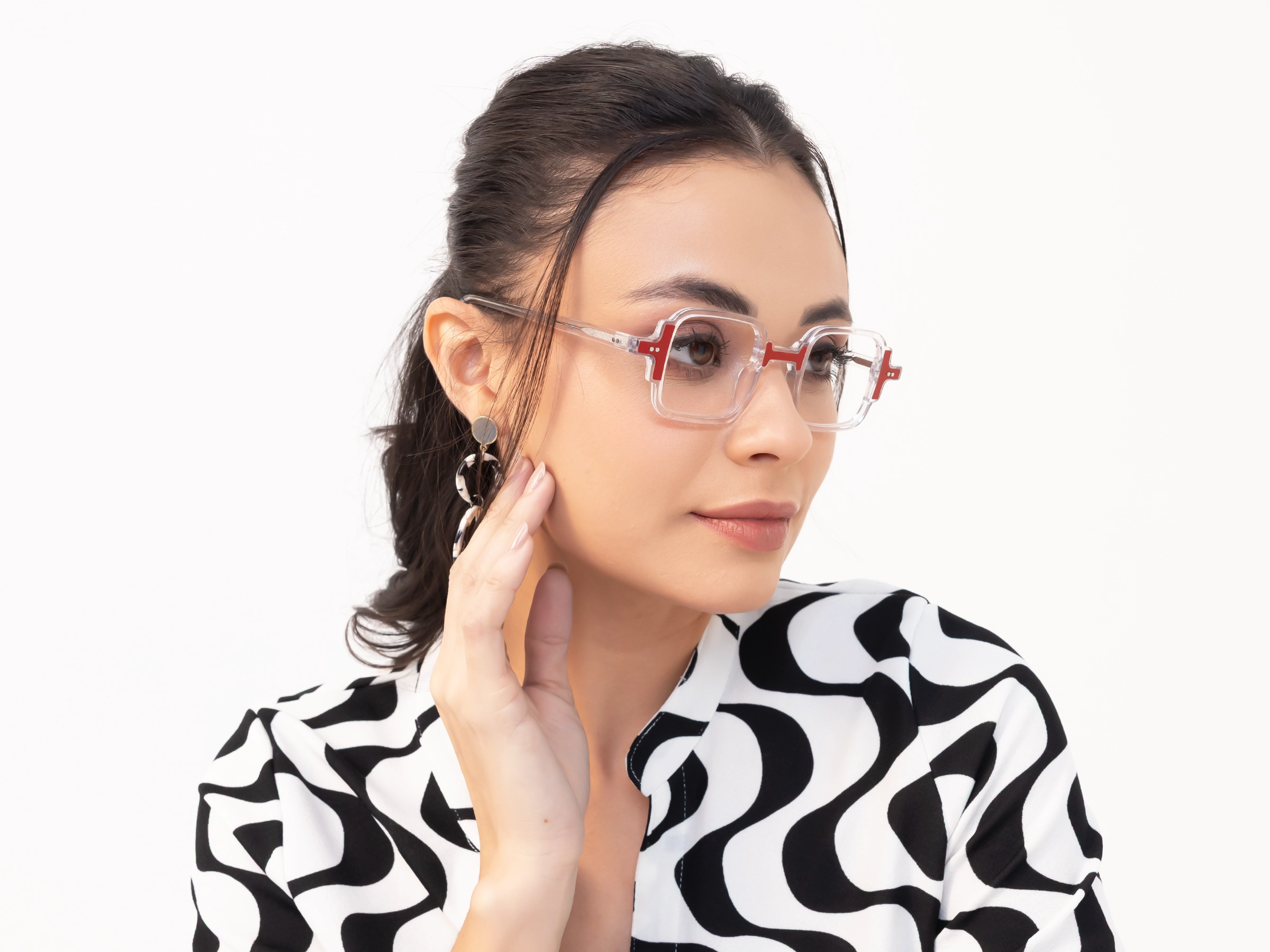 Clear & Red Square Acetate Glasses-53