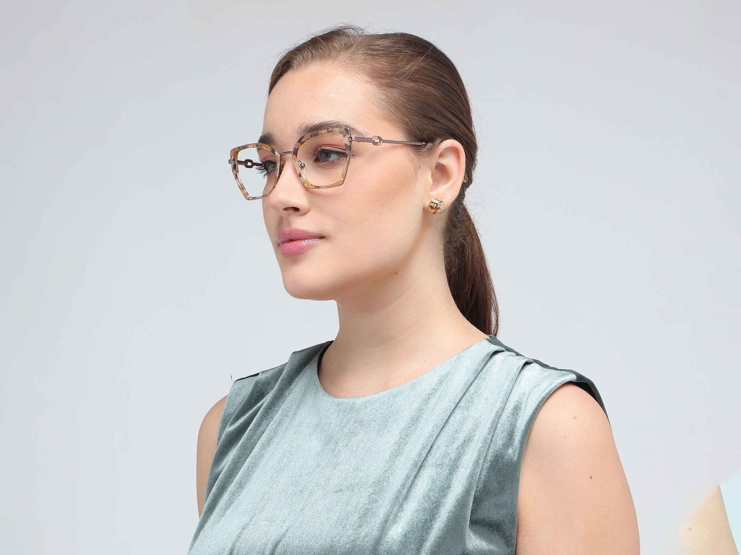 Golden Maple Marble Cat-Eye Geometric Glasses