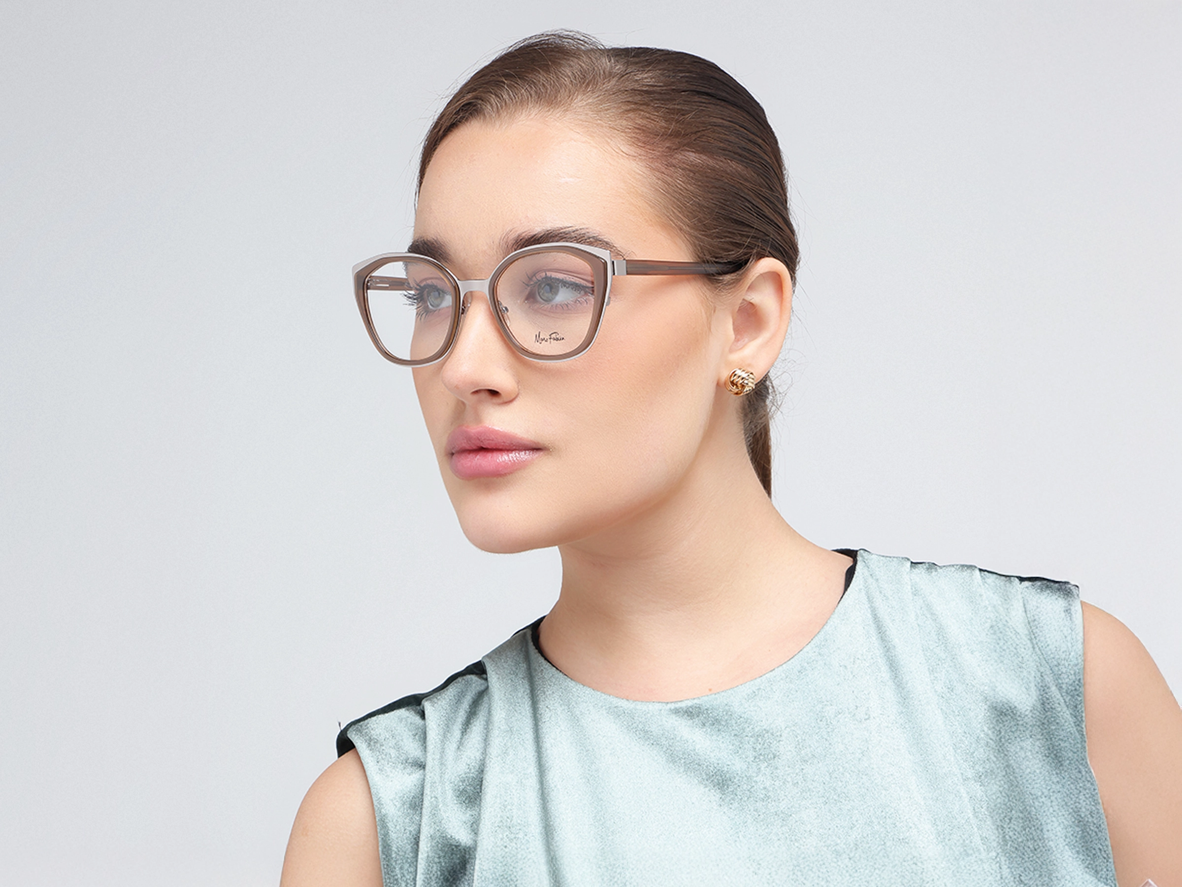 Silver & Beige Taupe Cat-eye Glasses-