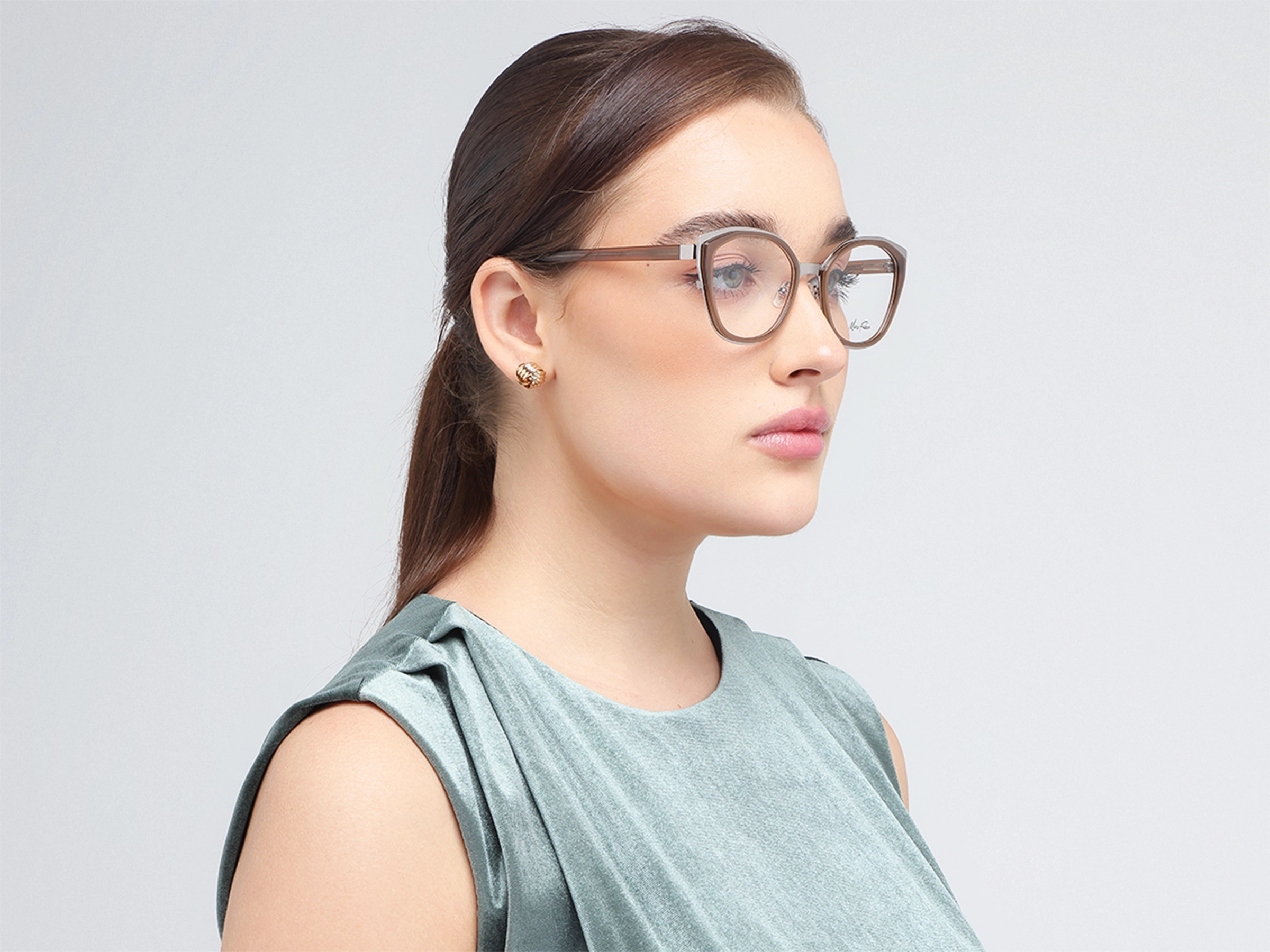 Silver & Beige Taupe Cat-eye Glasses-
