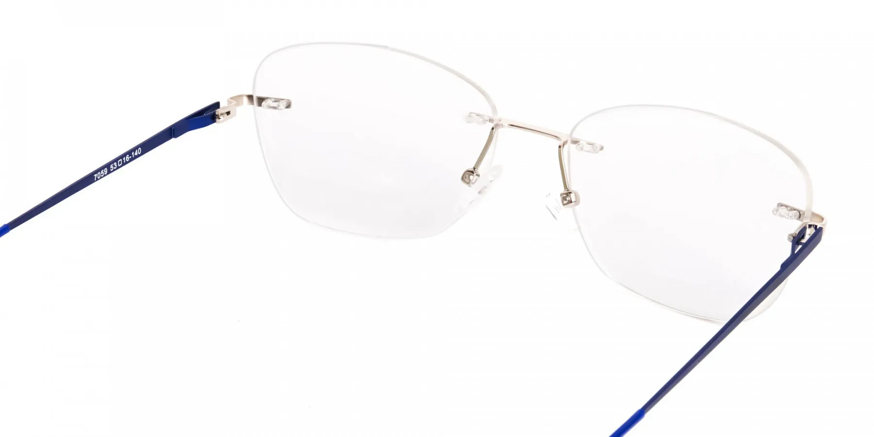 silver and blue cateye rimless glasses frames-2