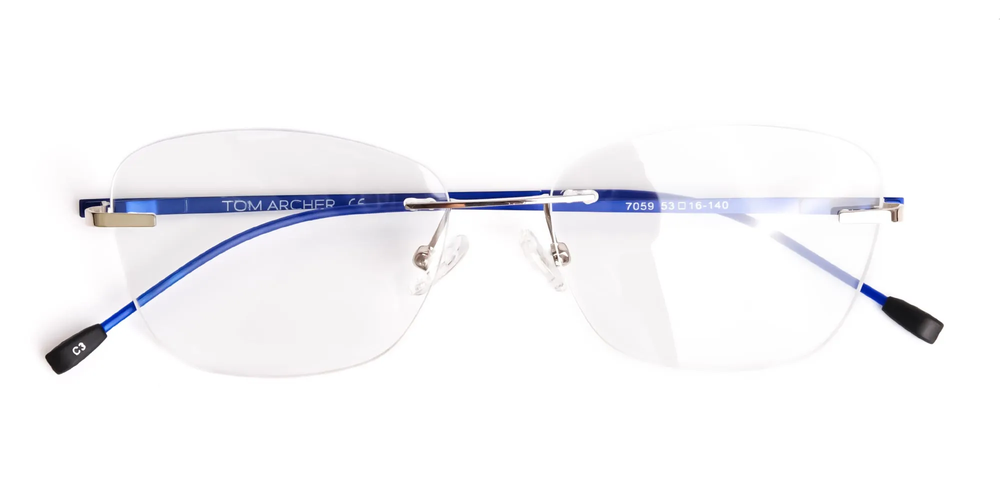 silver and blue cateye rimless glasses frames-2