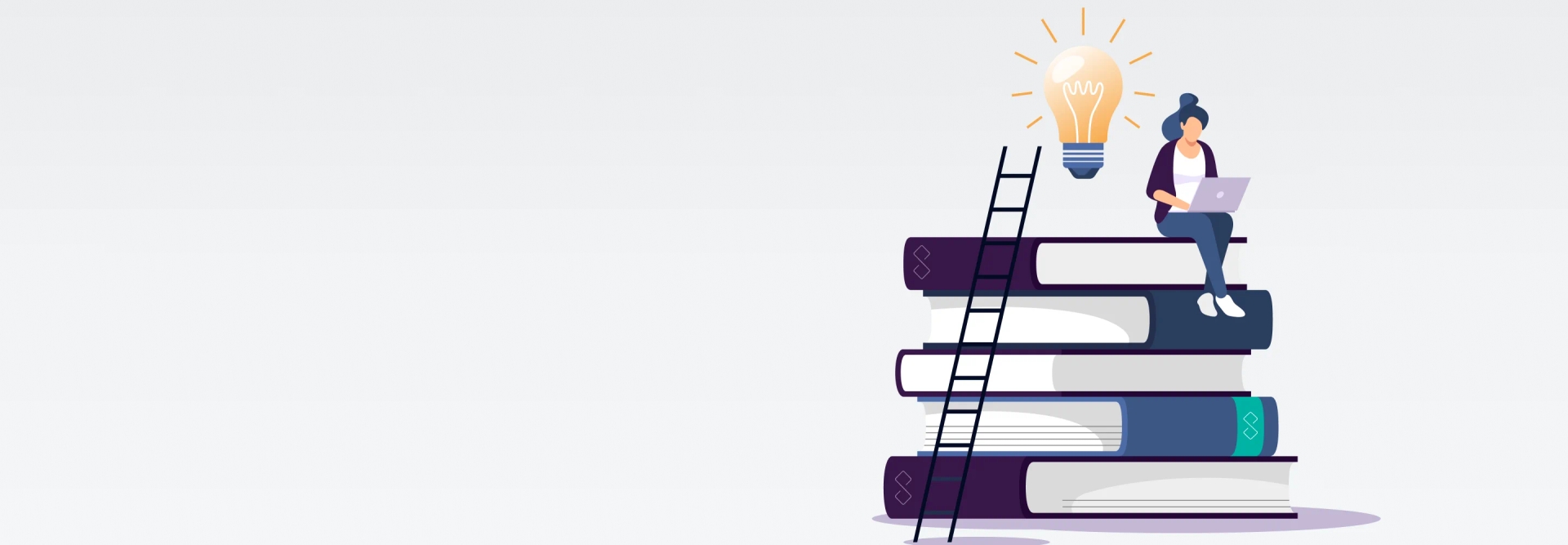 Cartoon illustration showing a young woman working on a laptop while perched on a tall stack of knowledge books, with a ladder leaning against them and a bright idea lightbulb illuminating above, symbolising helpful guides and smart solutions.
