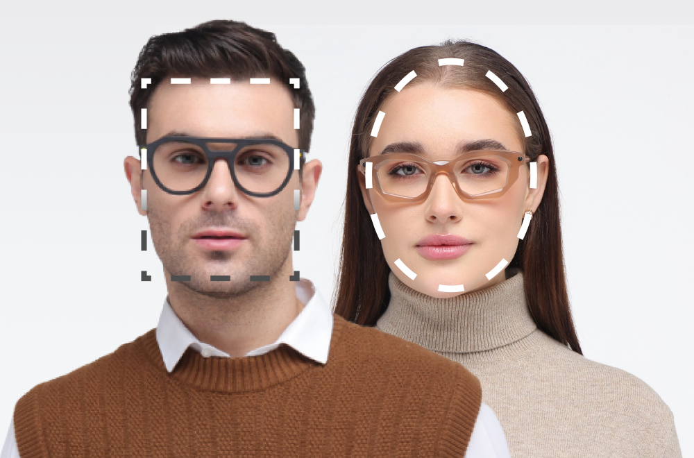 Image showing a man with an angular face wearing round glasses and a woman with an oval face wearing cat-eye glasses, both with dashed white lines highlighting their face contours, illustrating a guide to face shapes for eyewear.