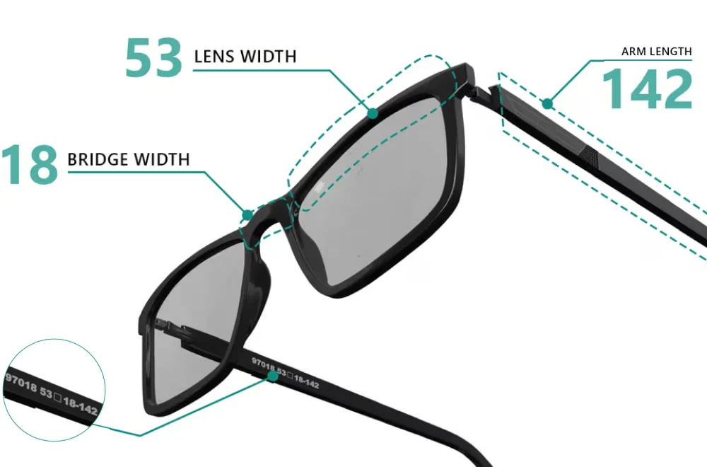 Technical illustration of black rectangular eyeglasses with dashed lines and numerical labels indicating '53 LENS WIDTH', '18 BRIDGE WIDTH', and '142 ARM LENGTH', used to explain how to measure glasses for fitting.