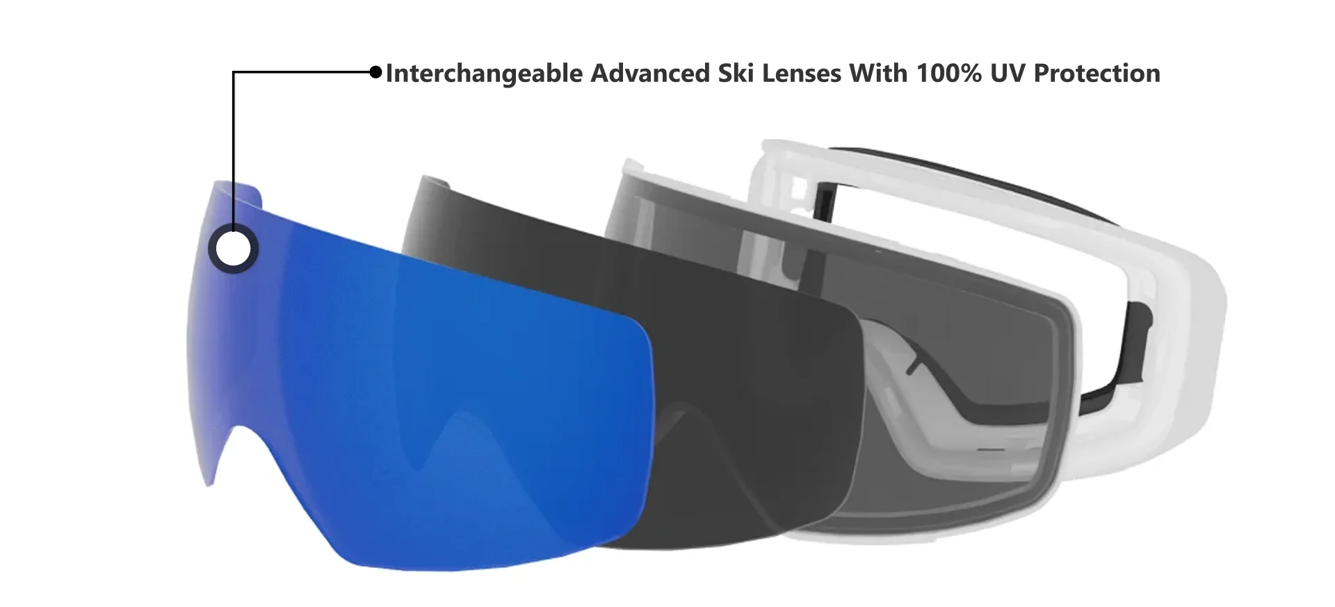 Exploded view of ski goggle construction, showcasing layered components with emphasis on the blue-mirrored Advanced ski lenses at the front. Text indicates ‘Advanced ski lenses’, highlighting the innovative, protective, and performance-driven design for enhanced winter sports vision.