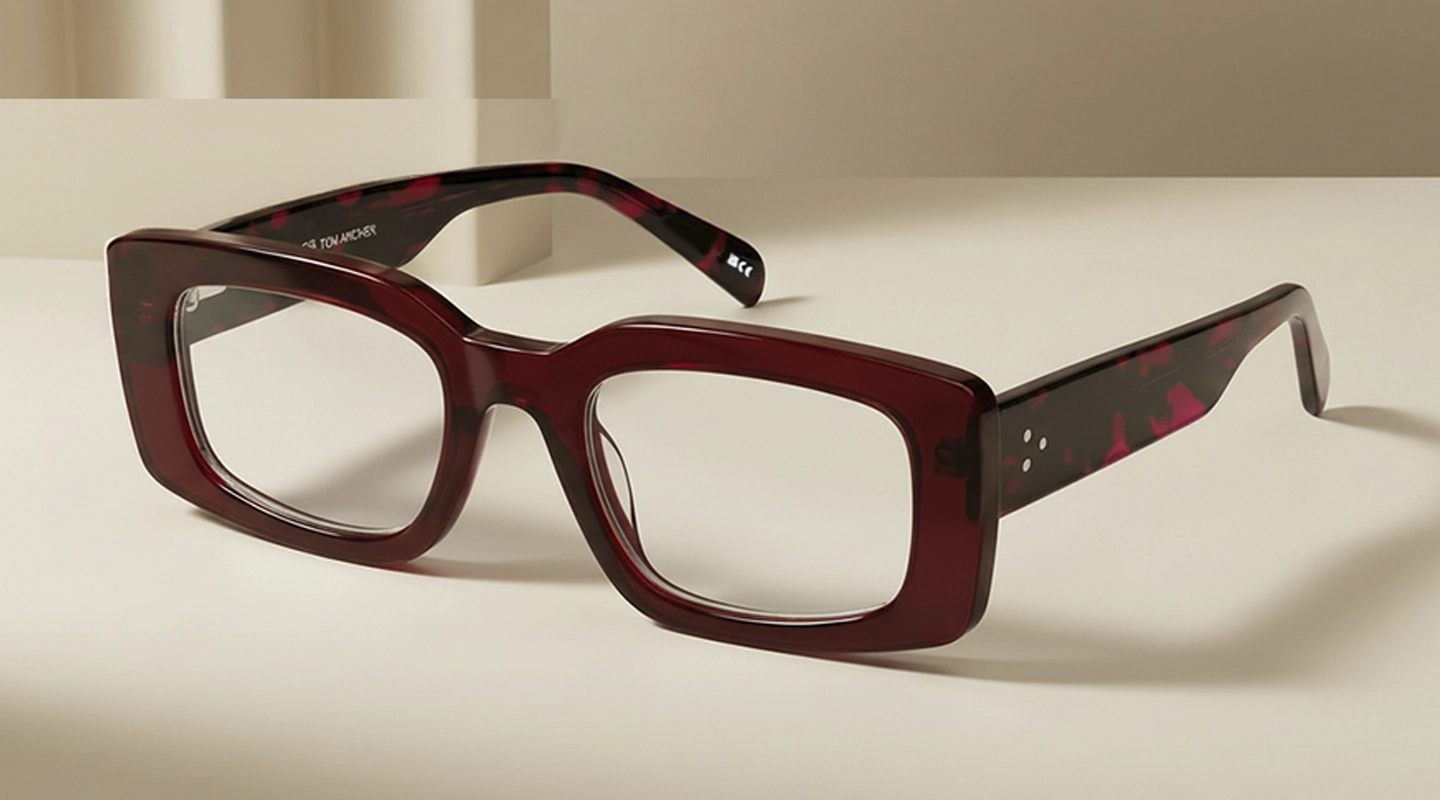 Glossy rectangular glasses with thick black acetate frames accented by yellow and amber tortoiseshell patterns, shown on a pale blue background. The glasses have a modern, bold silhouette and feature subtle metallic detailing near the hinges.