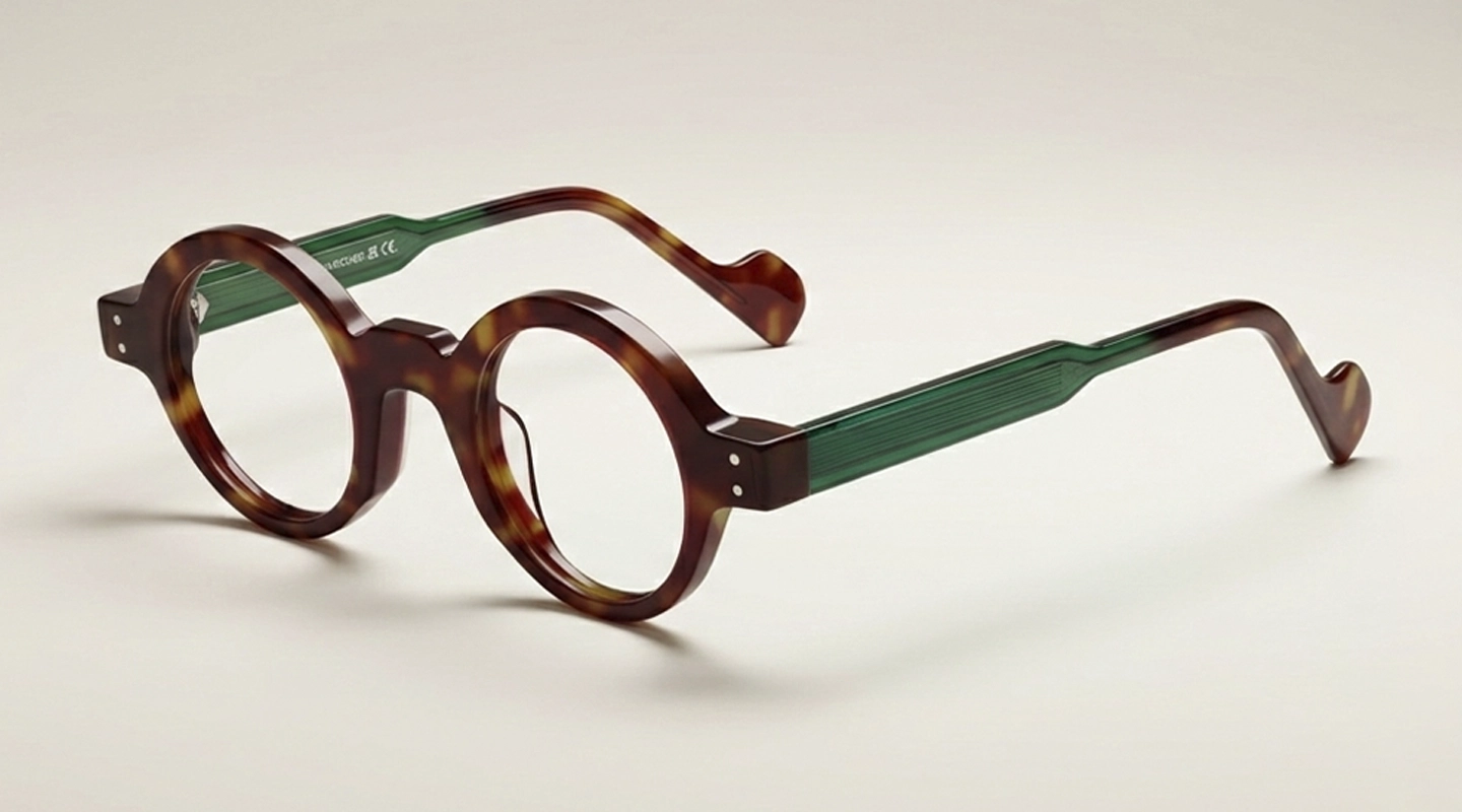 Thick-rimmed round tortoiseshell glasses with translucent green temples on a neutral beige background.