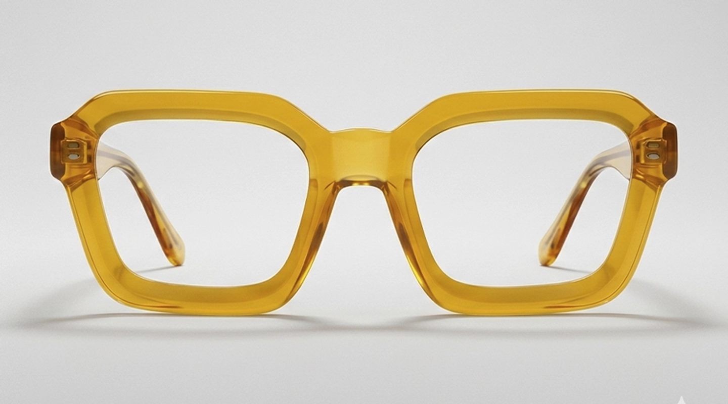 Square Glasses Square-shaped glasses with translucent olive green frames on a pale green background.