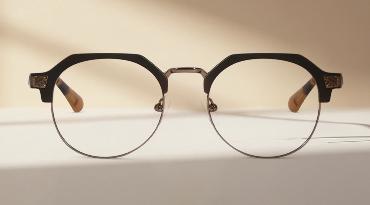 Stylish browline glasses with prominent black acetate upper rims and slim silver metal lower rims, displayed on a pale blue background. The image is paired with promotional text for Browline Glasses, including a special offer and an Excellent Trustpilot rating.