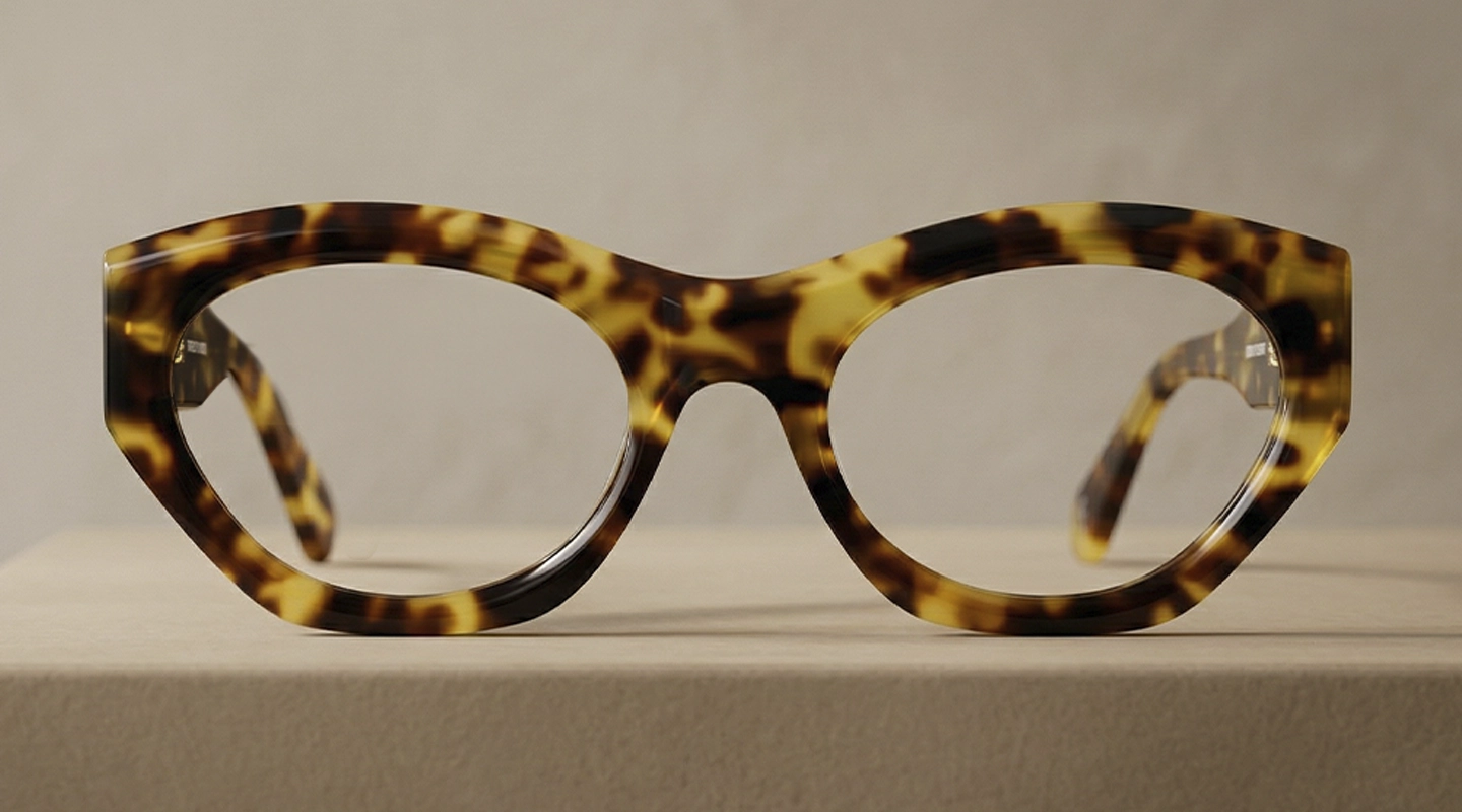 A close-up of stylish, angular tortoiseshell glasses with thick, bold frames, set against a light blue and white background.