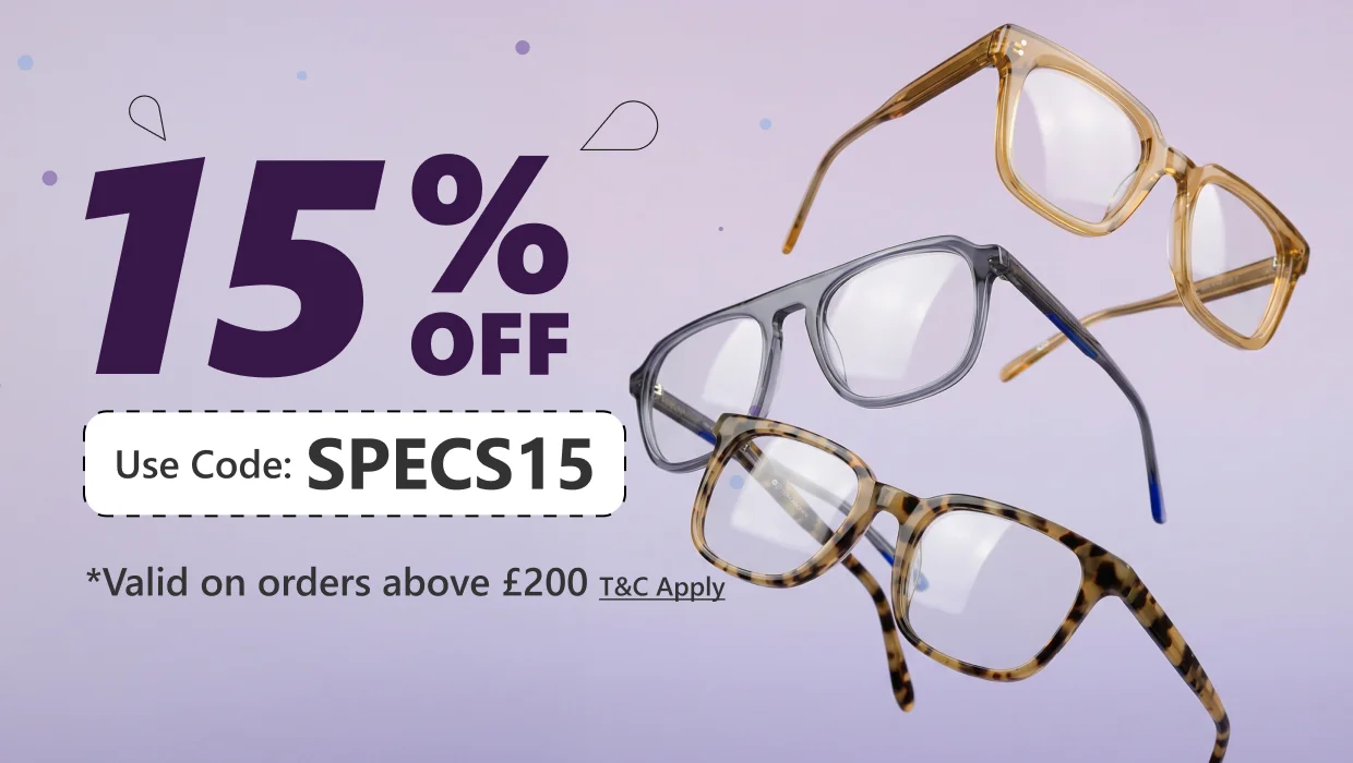 Banner promoting ‘Buy 2 & Get 50% Off on 2nd Frame’ offer, with bold black and yellow text and two pairs of stylish Specscart glasses, one in amber and one in tortoiseshell, displayed against a clean white background.