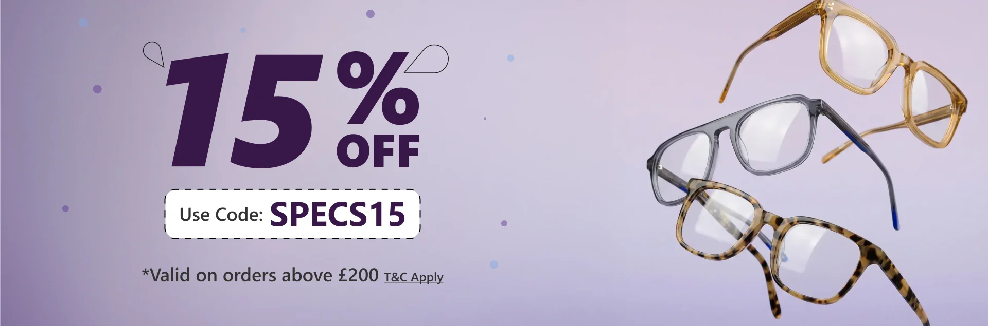 Banner with text ‘Get 10% Off On Your First Purchase. Use Code: NEW10’ alongside a pair of round black glasses with thin gold detailing, placed on a white cylindrical surface.