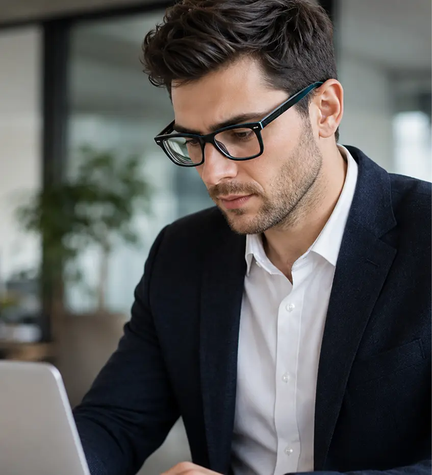 Professional man wearing Specscart blue light glasses while using a smartphone outdoors, highlighting digital protection for busy workdays.