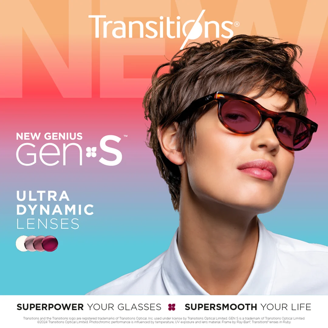 Advertisement graphic for Transitions Gen S photochromic lenses, featuring a close-up of a model wearing tortoiseshell frames with ruby-coloured lenses.
