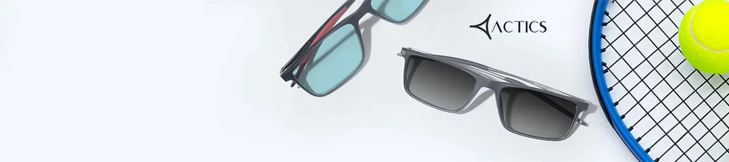Sports Sunglasses Two pairs of rectangular sports sunglasses with grey and teal lenses, displayed next to a tennis racket and ball with the Actics logo on a white base.